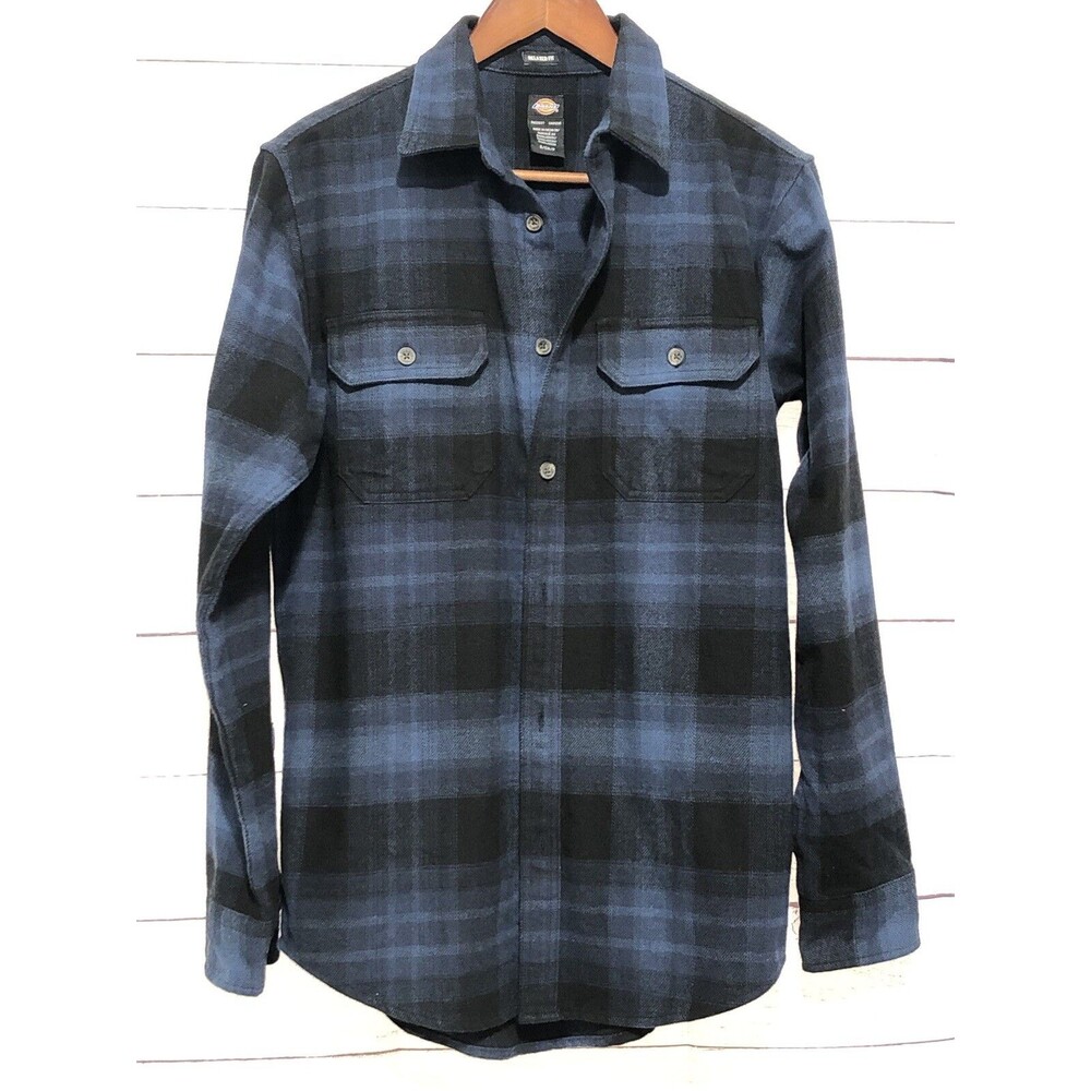 Dickies Mens Small Navy/Black Plaid SOFT ! Flannel Button Relaxed Fit Shirt EUC